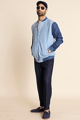 Sky Blue Suede & Poly Viscose Bomber Jacket by Gargee Designers