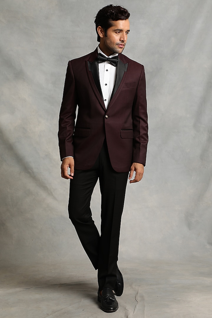 Wine Poly Viscose Tuxedo Set by Gargee Designers