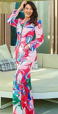 Faded Red & Beige Printed Jacket Set by Mandira Wirk - Resort