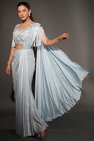 Powder Blue Lame Crepe Draped Saree Set by SARTORIALE