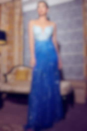 Blue Sequin Hand Embroidered Gown by Bhawna Rao
