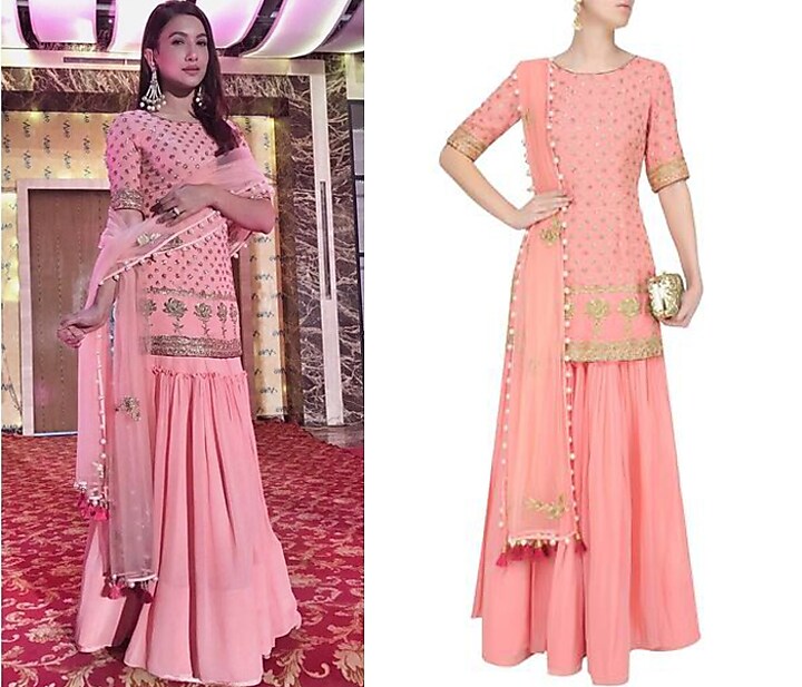 Pink floral embroidered motifs short kurta and sharara skirt set available only at Pernia's Pop Up Shop.