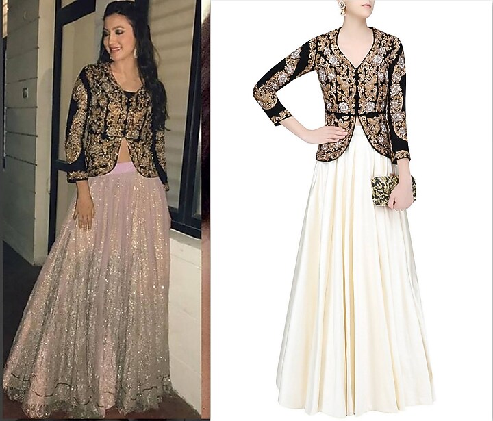 Black and gold zardozi velvet embroidered jacket and plain skirt set available only at Pernia's Pop Up Shop.