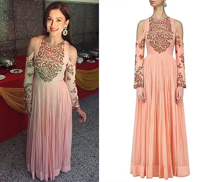 Peach and pink cold shoulder embroidered anarkali kurta available only at Pernia's Pop Up Shop.