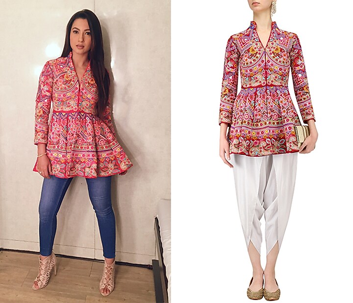 Red thread work peplum top with white dhoti pants available only at Pernia's Pop Up Shop.