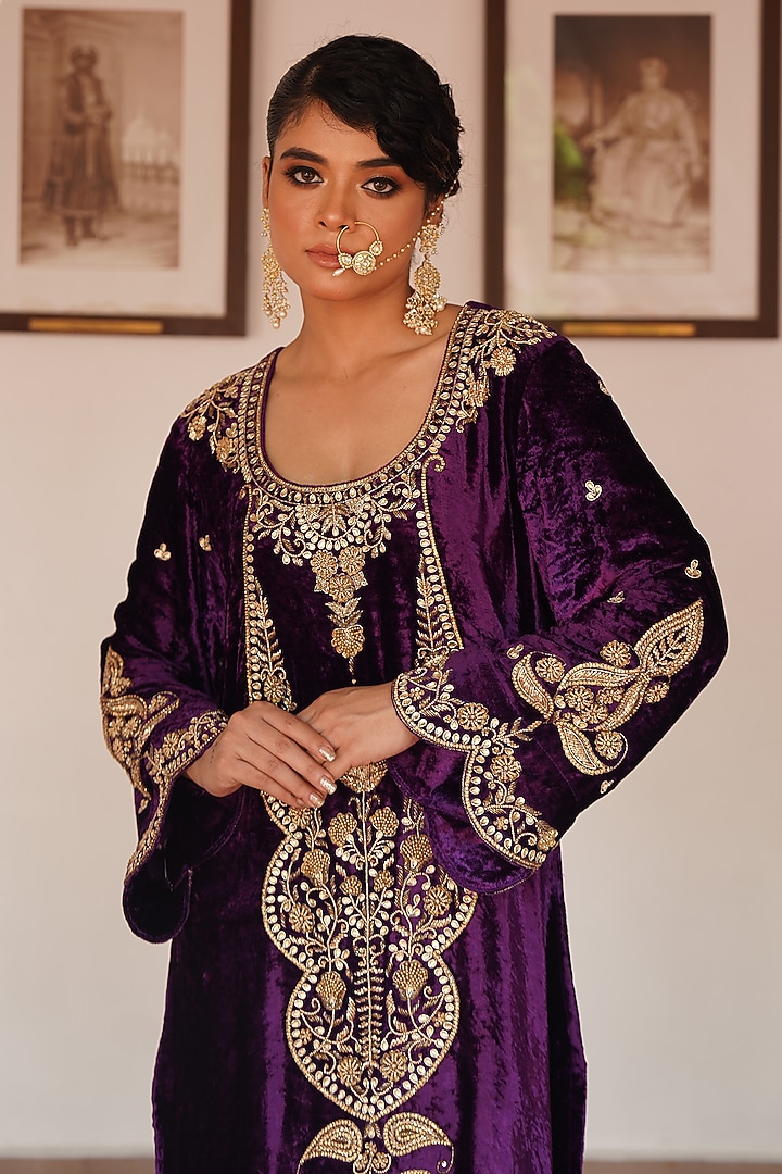 Purple Silk Velvet Zardosi Hand Embroidered Kurta Set by Gul by Aishwarya at Pernia's Pop Up Shop