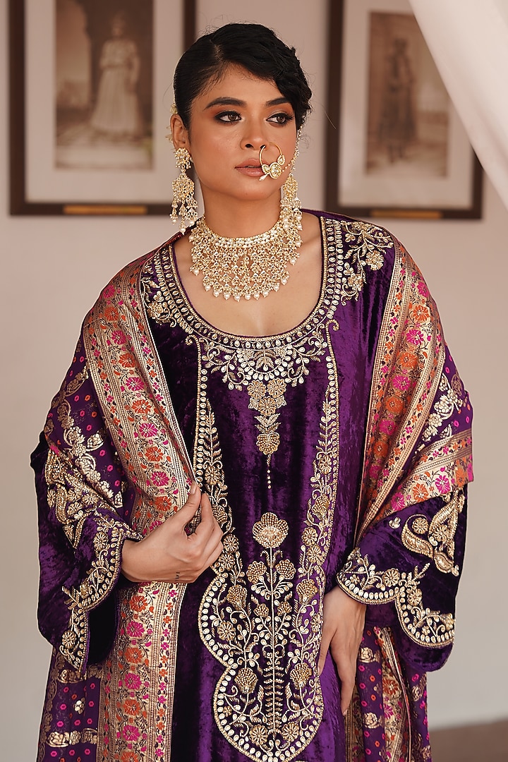 Purple Silk Velvet Zardosi Hand Embroidered Kurta Set by Gul by Aishwarya at Pernia's Pop Up Shop