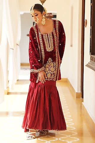 Maroon Velvet Zardosi Hand Embroidered Kurta Set by Gul by Aishwarya