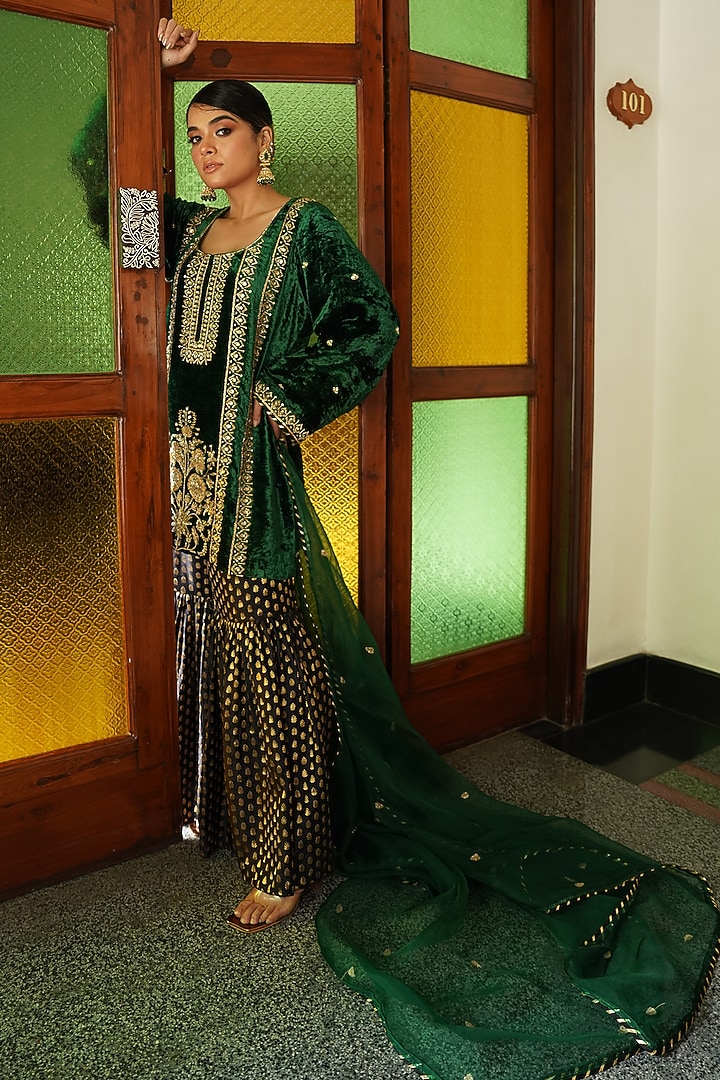 Bottle Green Velvet Zardosi Hand Embroidered Kurta Set by Gul by Aishwarya at Pernia's Pop Up Shop