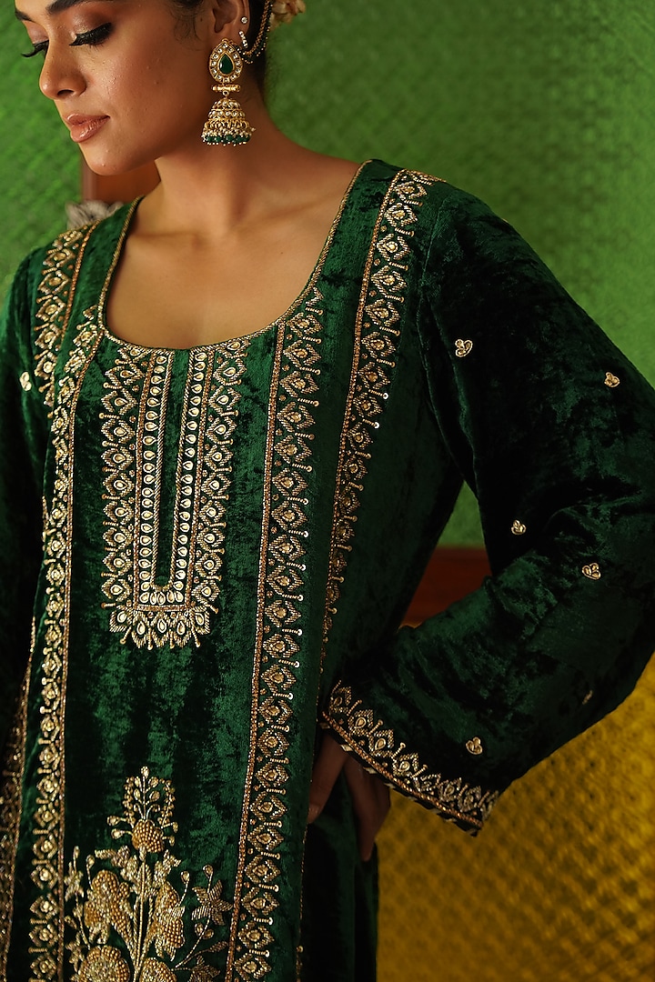 Bottle Green Velvet Zardosi Hand Embroidered Kurta Set by Gul by Aishwarya at Pernia's Pop Up Shop