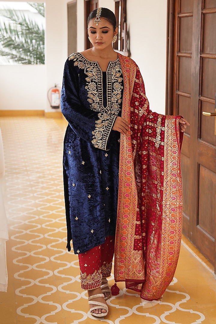 Dark Blue Velvet Zardosi Hand Embroidered Kurta Set by Gul by Aishwarya