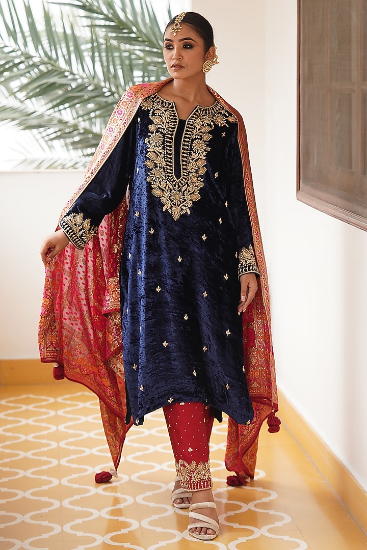 Dark Blue Velvet Zardosi Hand Embroidered Kurta Set by Gul by Aishwarya at Pernia's Pop Up Shop