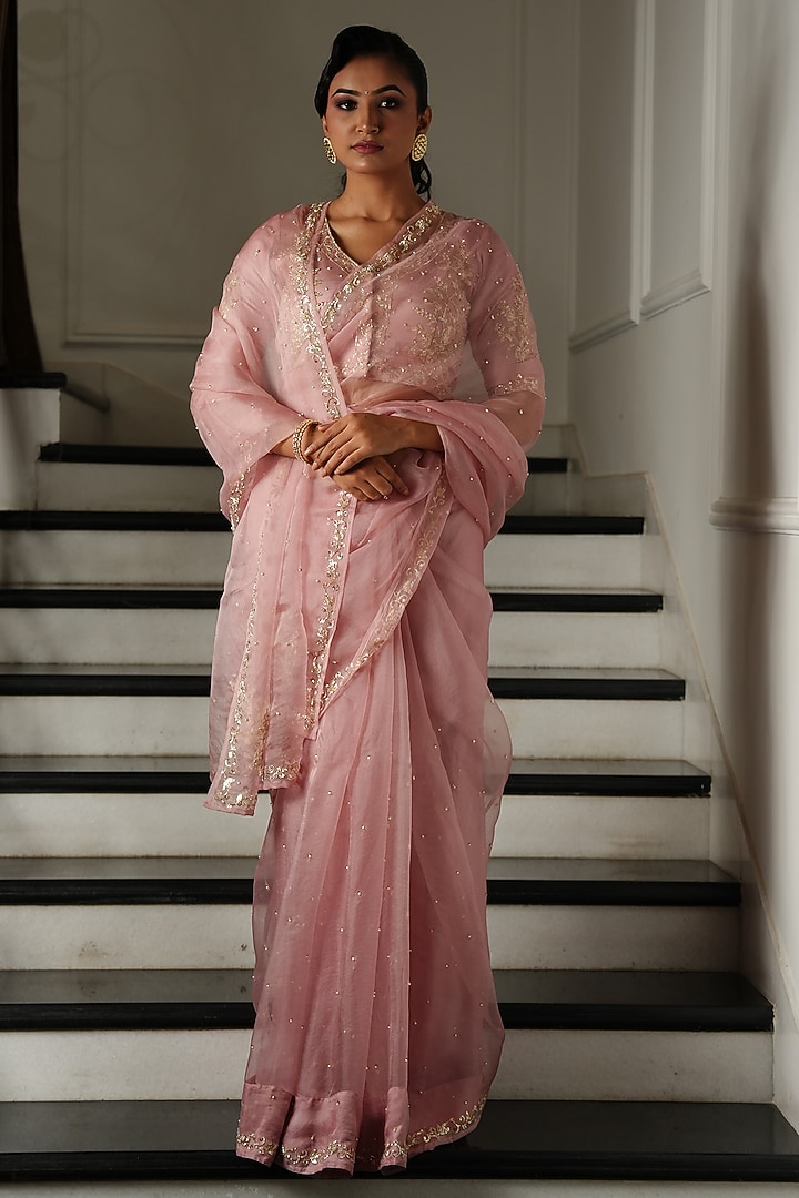 Powder Pink Pure Silk Organza Zardosi Pitta Work Wedding Saree Set by Gul by Aishwarya at Pernia's Pop Up Shop