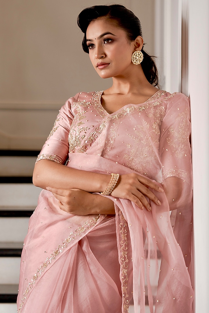 Powder Pink Pure Silk Organza Zardosi Pitta Work Wedding Saree Set by Gul by Aishwarya at Pernia's Pop Up Shop