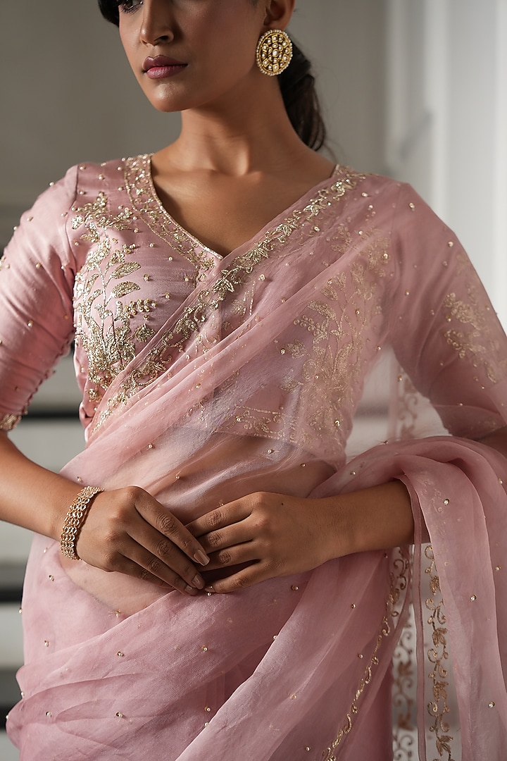 Powder Pink Pure Silk Organza Zardosi Pitta Work Wedding Saree Set by Gul by Aishwarya at Pernia's Pop Up Shop