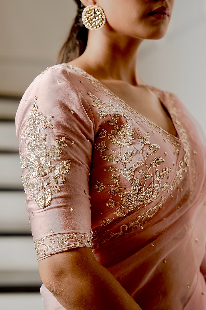 Powder Pink Pure Silk Organza Zardosi Pitta Work Wedding Saree Set by Gul by Aishwarya at Pernia's Pop Up Shop
