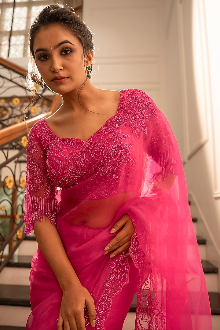 Barbie Pink Pure Silk Organza Aari Embroidered Wedding Saree Set by Gul by Aishwarya at Pernia's Pop Up Shop