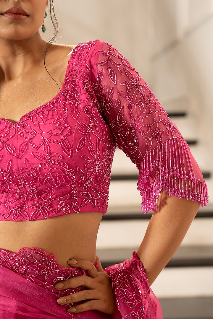 Barbie Pink Pure Silk Organza Aari Embroidered Wedding Saree Set by Gul by Aishwarya at Pernia's Pop Up Shop