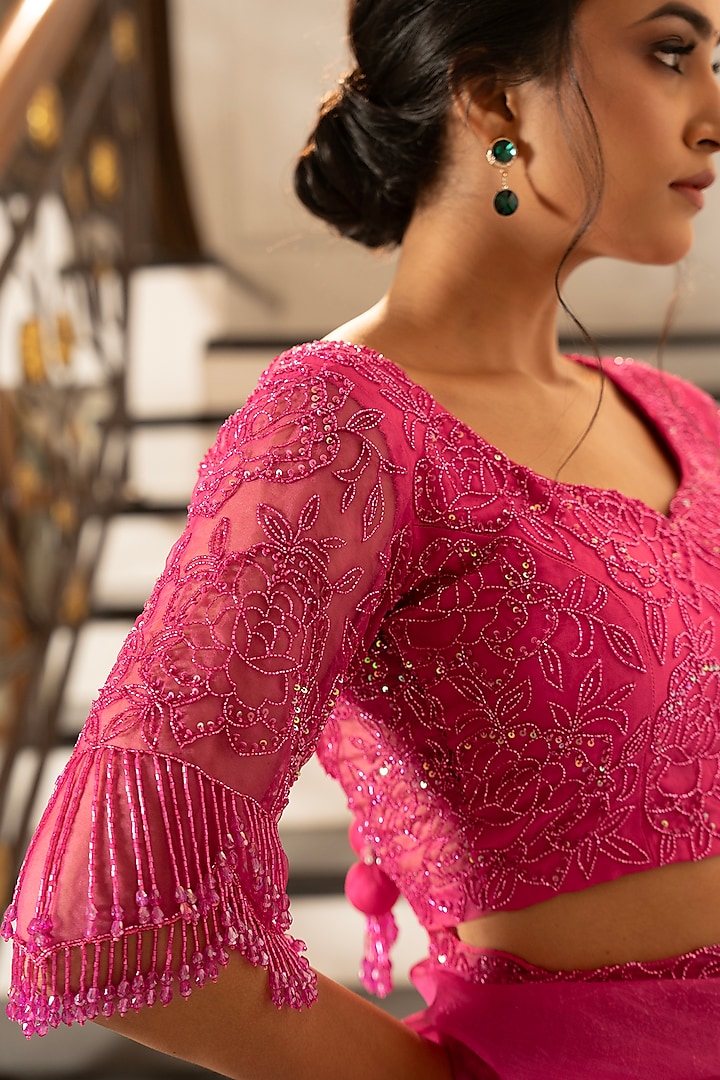 Barbie Pink Pure Silk Organza Aari Embroidered Wedding Saree Set by Gul by Aishwarya at Pernia's Pop Up Shop