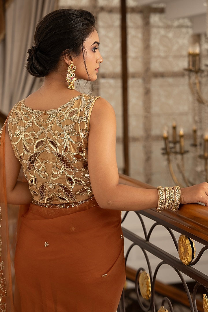 Caramel Pure Silk Organza Aari Hand Embroidered Wedding Saree Set by Gul by Aishwarya at Pernia's Pop Up Shop