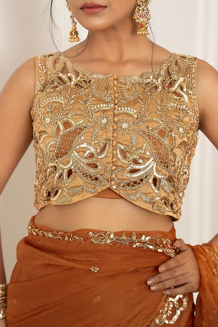 Caramel Pure Silk Organza Aari Hand Embroidered Wedding Saree Set by Gul by Aishwarya at Pernia's Pop Up Shop