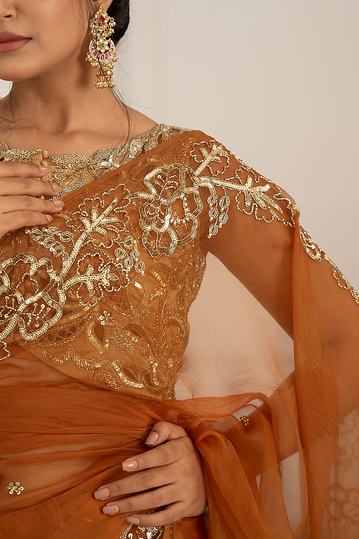 Caramel Pure Silk Organza Aari Hand Embroidered Wedding Saree Set by Gul by Aishwarya at Pernia's Pop Up Shop