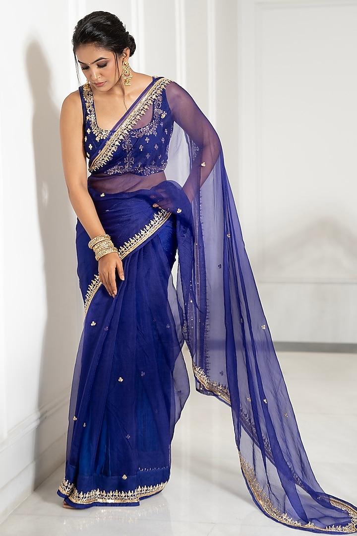 Indigo Blue Pure Silk Organza Aari Hand Embroidered Saree Set by Gul by Aishwarya at Pernia's Pop Up Shop