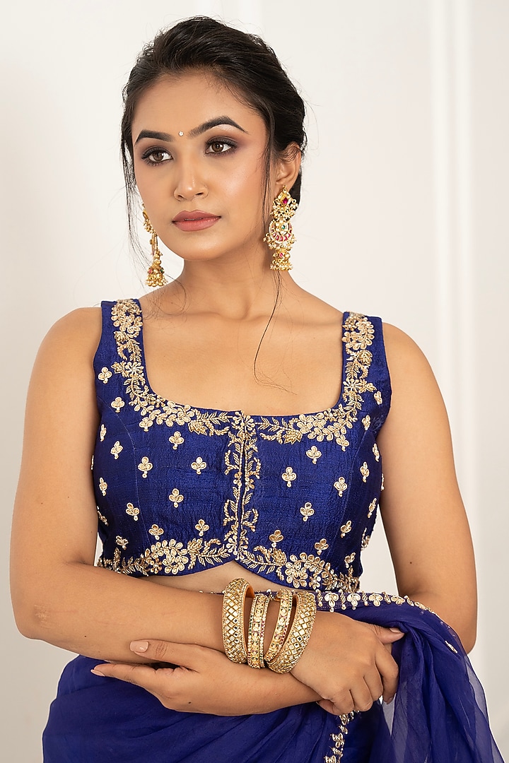 Indigo Blue Pure Silk Organza Aari Hand Embroidered Wedding Saree Set by Gul by Aishwarya at Pernia's Pop Up Shop