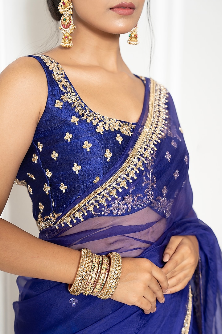 Indigo Blue Pure Silk Organza Aari Hand Embroidered Wedding Saree Set by Gul by Aishwarya at Pernia's Pop Up Shop