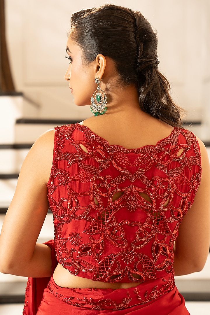 Maroon Crepe Aari Hand Embroidered Party Wear Saree Set by Gul by Aishwarya at Pernia's Pop Up Shop