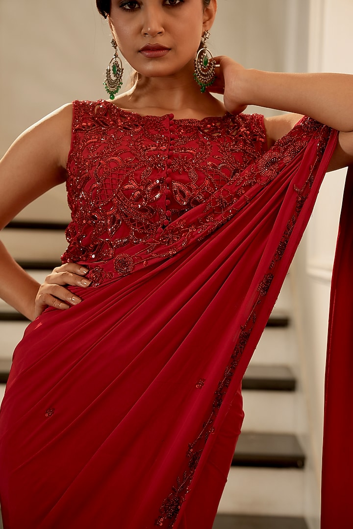 Maroon Crepe Aari Hand Embroidered Party Wear Saree Set by Gul by Aishwarya at Pernia's Pop Up Shop