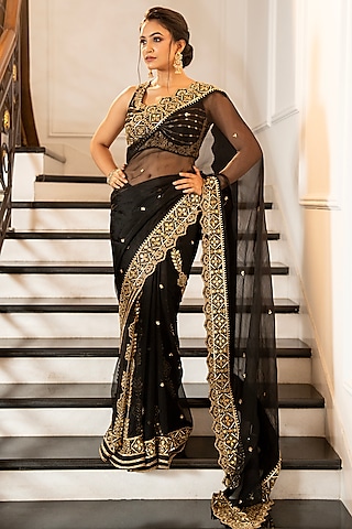 Black Pure Silk Organza Aari Hand Embroidered Saree Set by Gul by Aishwarya