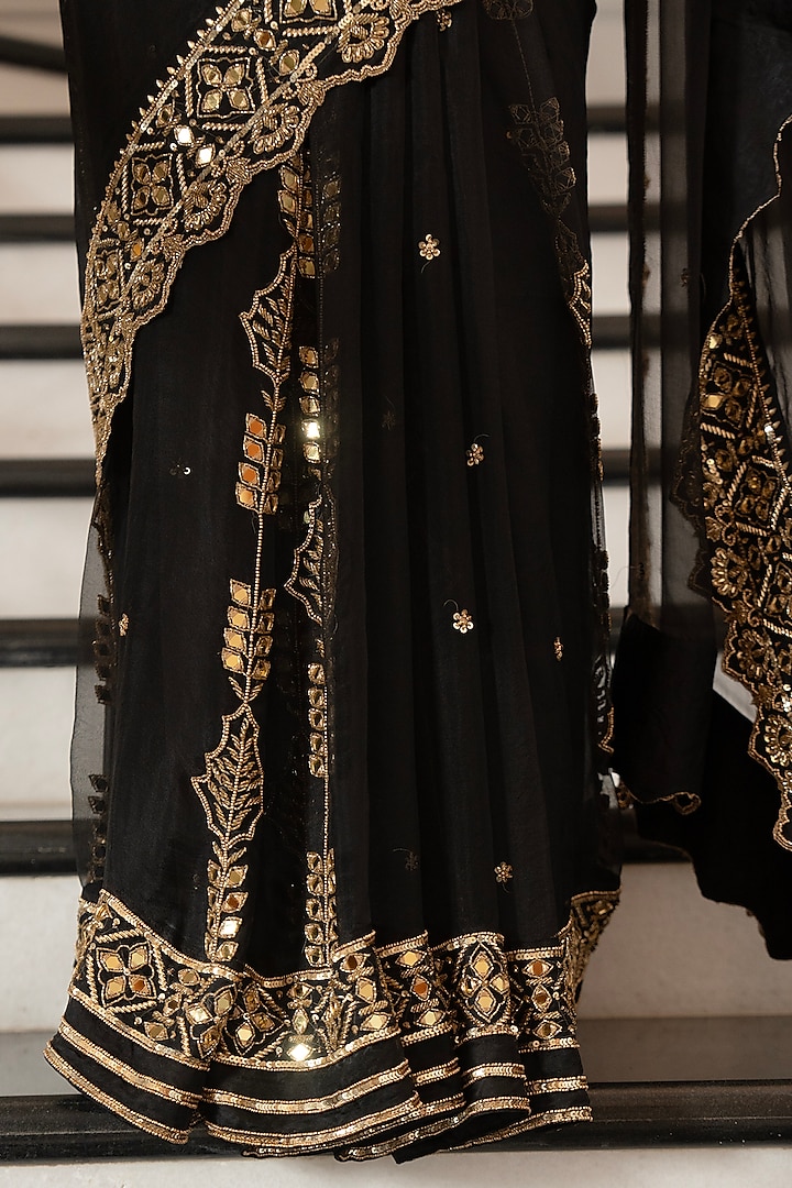 Black Pure Silk Organza Aari Hand Embroidered Wedding Saree Set by Gul by Aishwarya at Pernia's Pop Up Shop