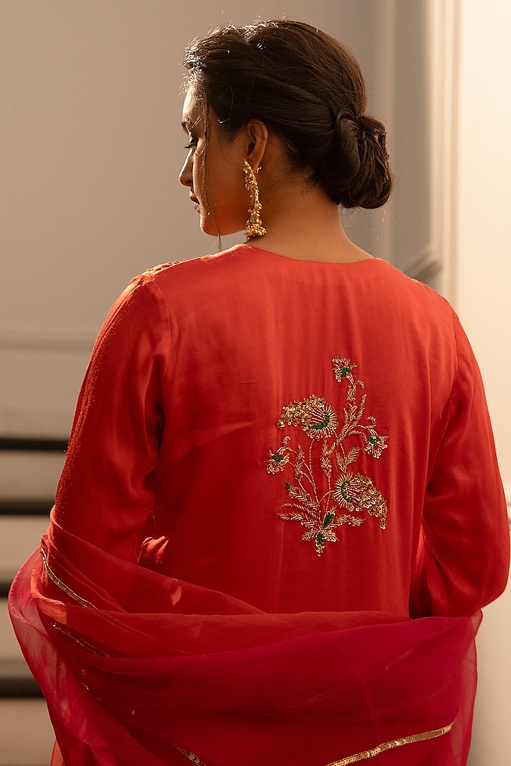 Bright Red Satin Silk Zardosi Embroidered Kurta Set by Gul by Aishwarya at Pernia's Pop Up Shop