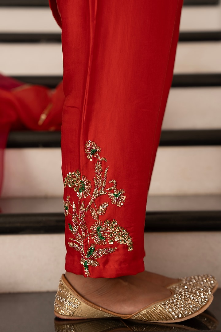 Bright Red Satin Silk Zardosi Embroidered Kurta Set by Gul by Aishwarya at Pernia's Pop Up Shop