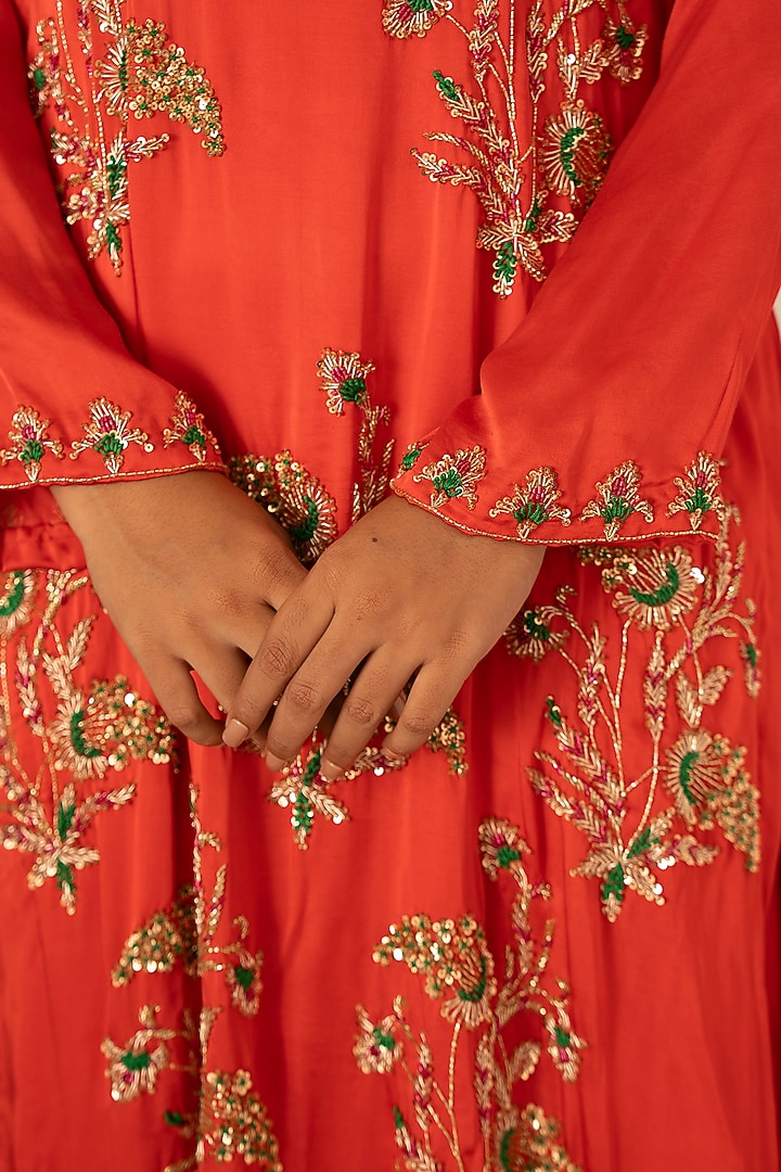 Bright Red Satin Silk Zardosi Embroidered Kurta Set by Gul by Aishwarya at Pernia's Pop Up Shop