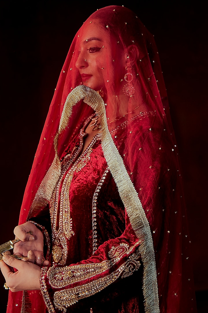 Maroon Velvet Hand Embroidered A-Line Kurta Set by Gul by Aishwarya at Pernia's Pop Up Shop