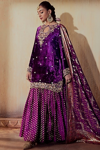 Purple Brocade Silk Gharara Set by Gul by Aishwarya