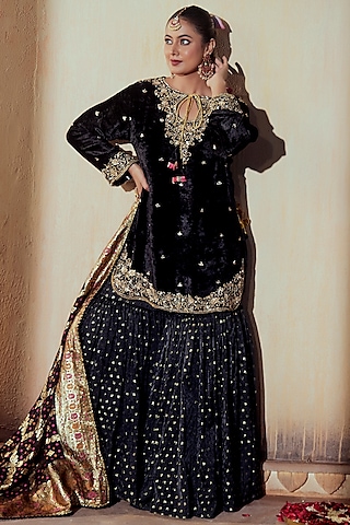Black Brocade Silk Gharara Set by Gul by Aishwarya