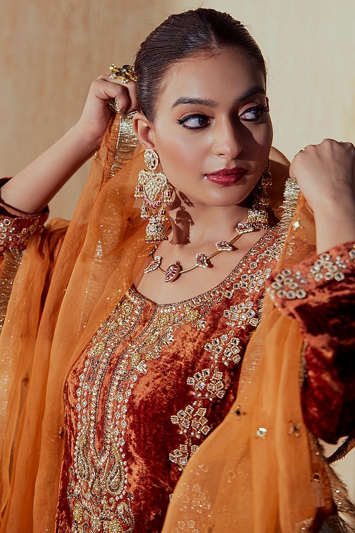Caramel Velvet Hand Embroidered A-Line Kurta Set by Gul by Aishwarya at Pernia's Pop Up Shop