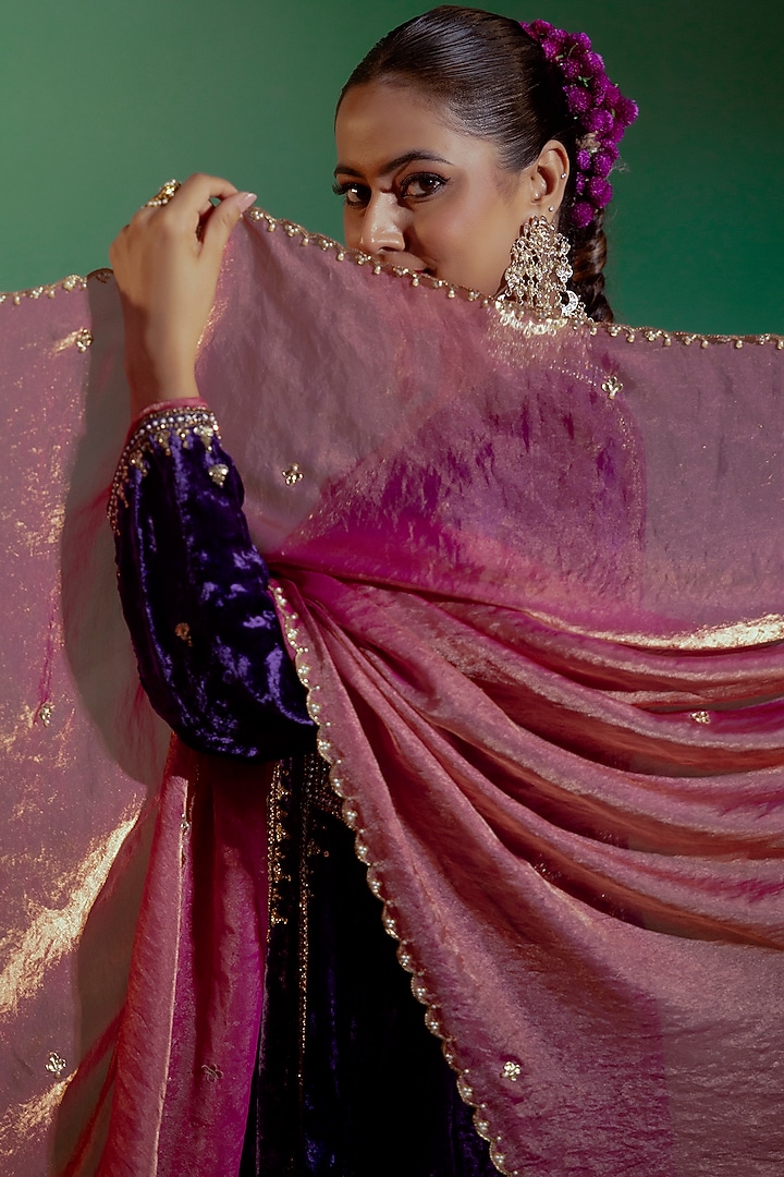 Violet-Blue Velvet Hand Embroidered A-Line Kurta Set by Gul by Aishwarya at Pernia's Pop Up Shop