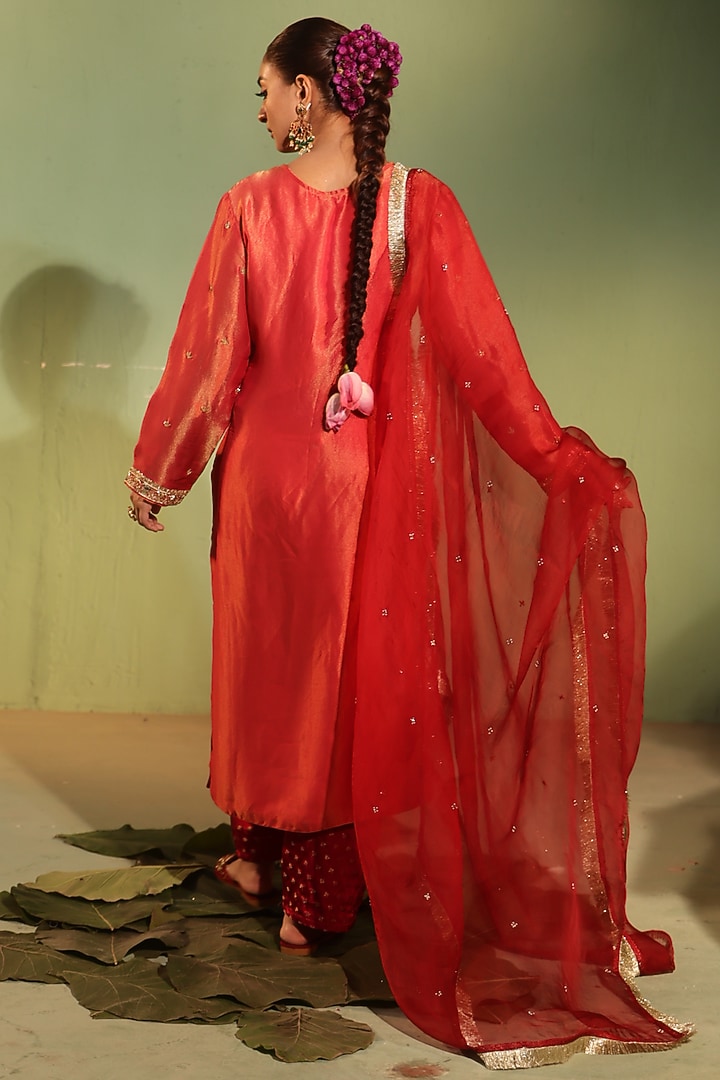Rust-Pink Tissue Satin Hand Embroidered Kurta Set by Gul by Aishwarya at Pernia's Pop Up Shop