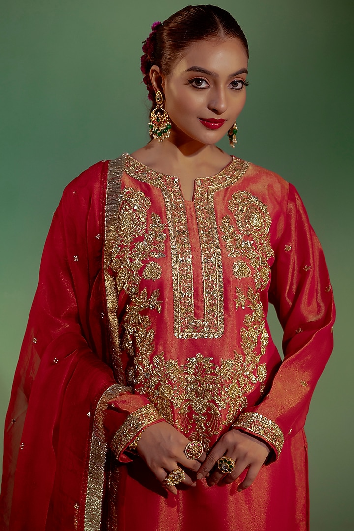 Rust-Pink Tissue Satin Hand Embroidered Kurta Set by Gul by Aishwarya at Pernia's Pop Up Shop
