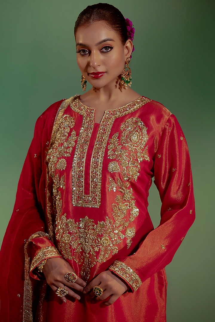 Rust-Pink Tissue Satin Hand Embroidered Kurta Set by Gul by Aishwarya at Pernia's Pop Up Shop