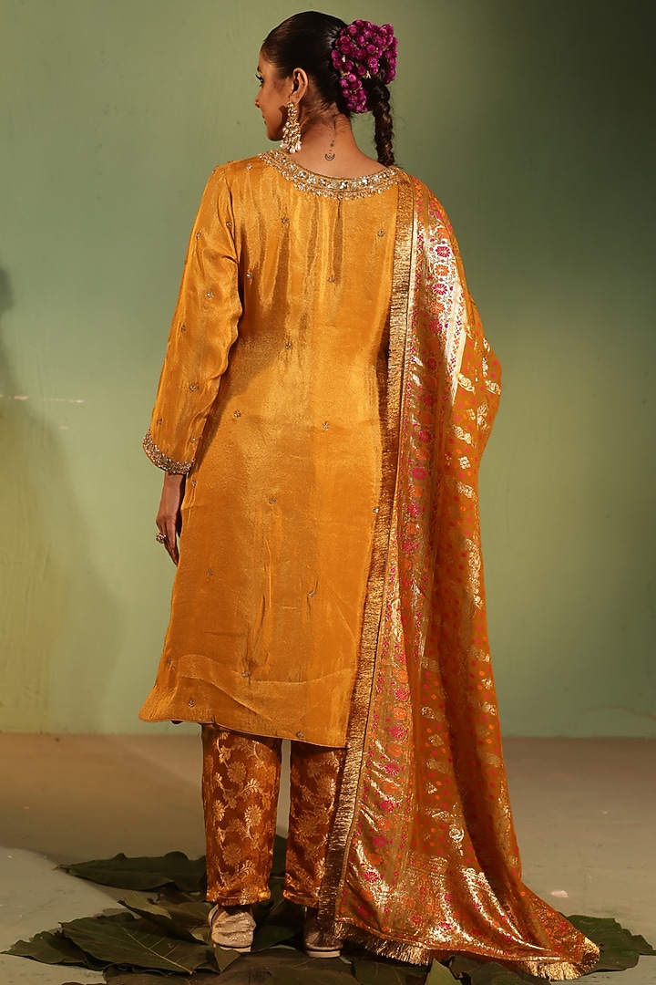 Mustard Yellow Tissue Satin Hand Embroidered Kurta Set by Gul by Aishwarya at Pernia's Pop Up Shop