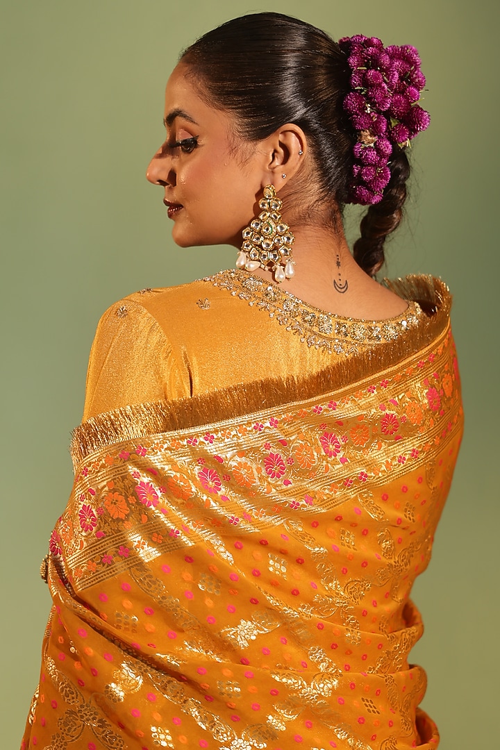 Mustard Yellow Tissue Satin Hand Embroidered Kurta Set by Gul by Aishwarya at Pernia's Pop Up Shop