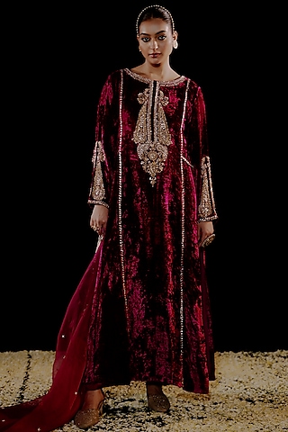 Wine Velvet Hand Embroidered A-Line Kurta Set by Gul by Aishwarya