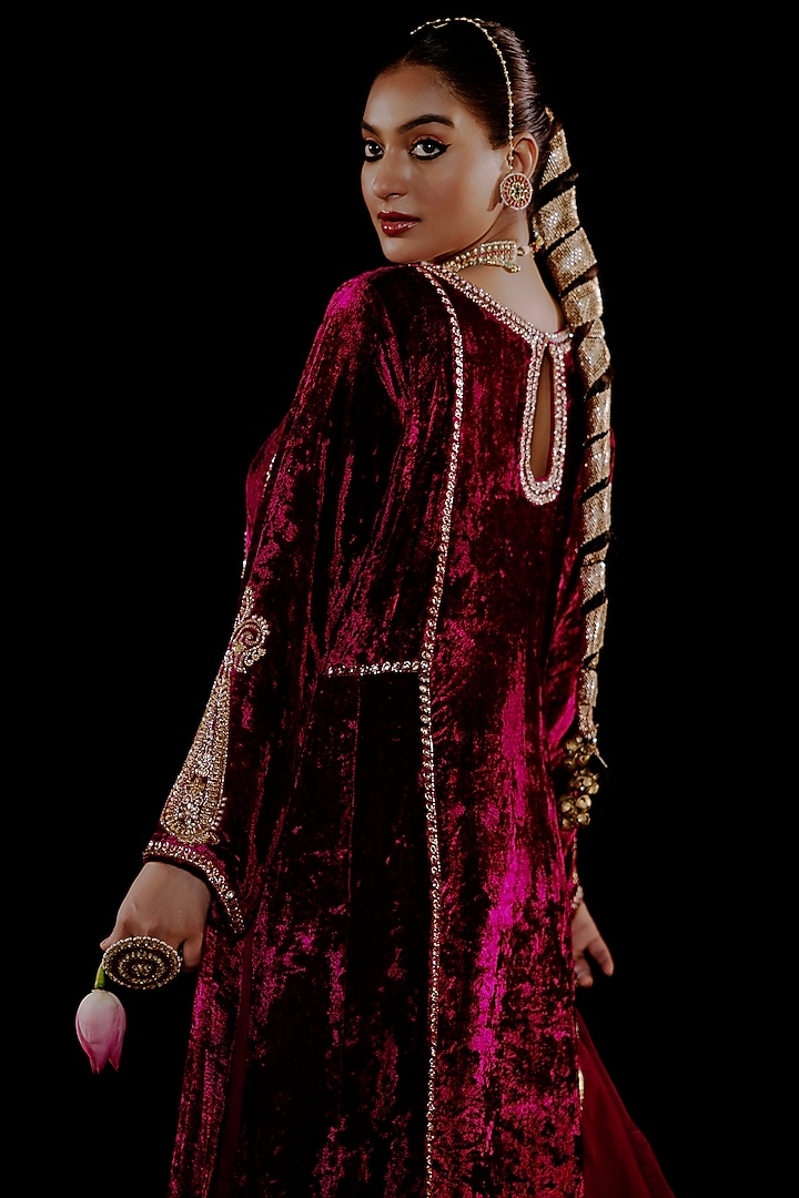 Wine Velvet Hand Embroidered A-Line Kurta Set by Gul by Aishwarya at Pernia's Pop Up Shop