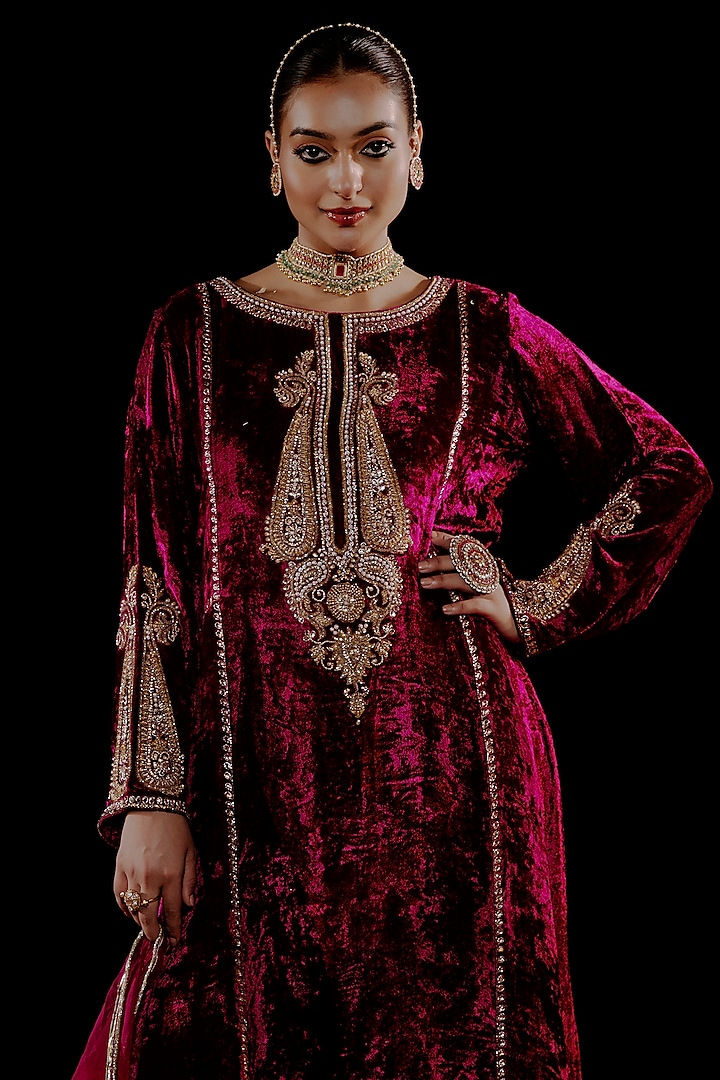 Wine Velvet Hand Embroidered A-Line Kurta Set by Gul by Aishwarya at Pernia's Pop Up Shop