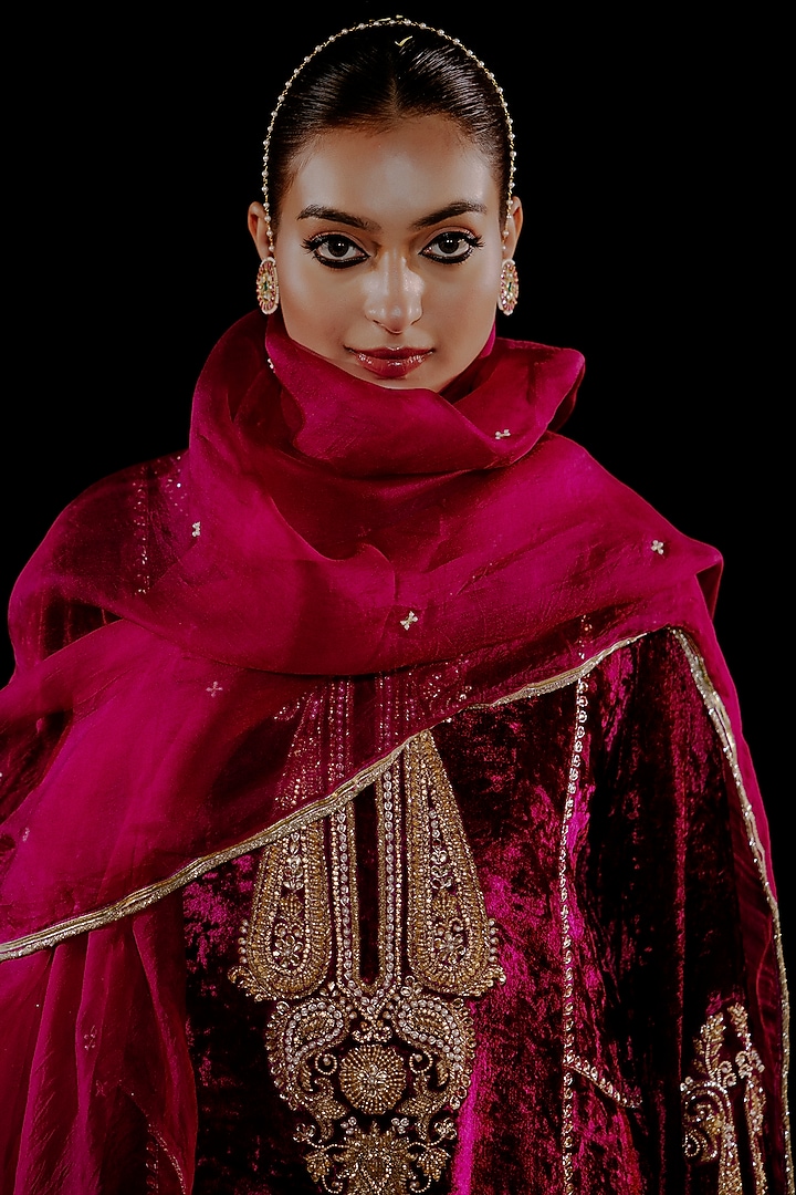 Wine Velvet Hand Embroidered A-Line Kurta Set by Gul by Aishwarya at Pernia's Pop Up Shop